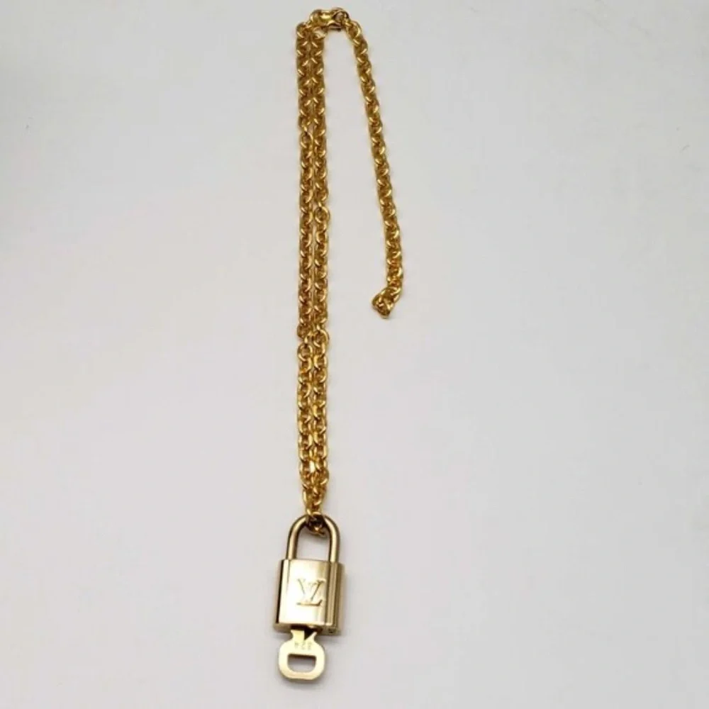 100% Auth Louis Vuitton Lock & Key w/ 18k Gold Plated Chain Necklace - Picture 3 of 9